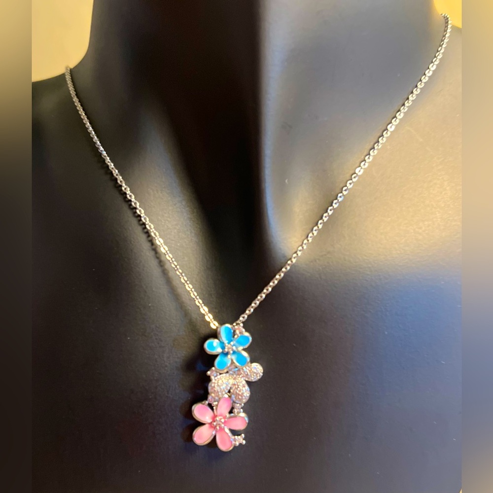 Whimsical Blue and Pink Flower Pendant Necklace - Picture 3 of 4